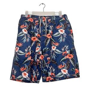 Aloha Elastic Waist Drawstring Floral Hawaiian Swim Board Shorts Blue Medium